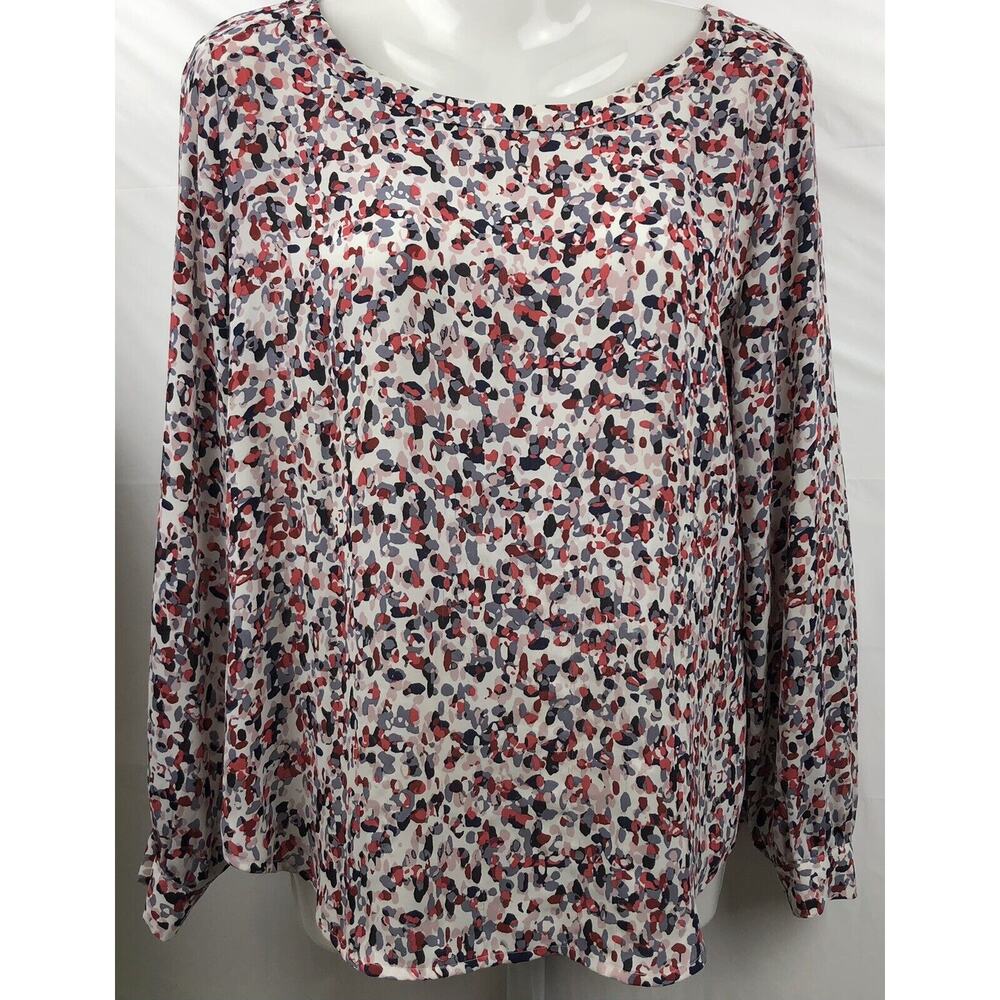 Ann Taylor Loft Top Women Petite SP White Geo Boat Neck Tie Back Long Slv Blouse